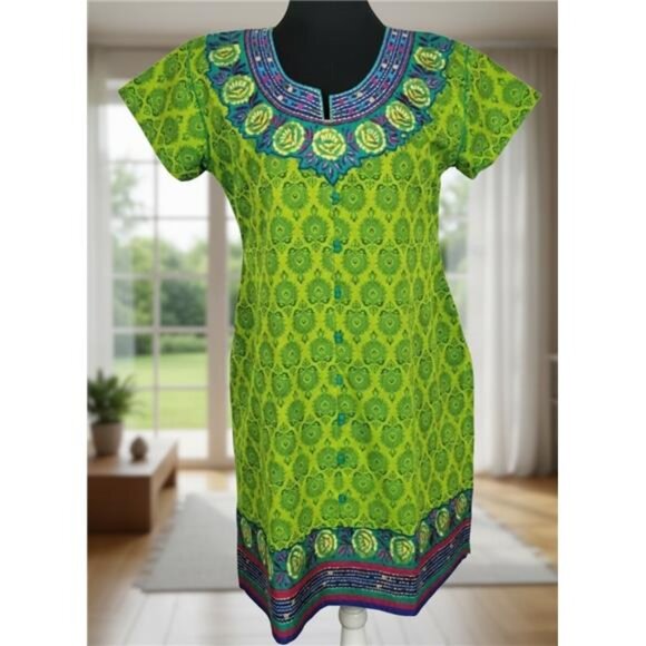 Rich Lady Dresses & Skirts - Green Boho Embroidered Tunic Dress Women XL Short Sleeve Split Neck